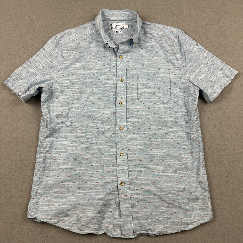 Southern Tide Shirt Men Medium Blue Red Geometric Short Sleeve Button Up M